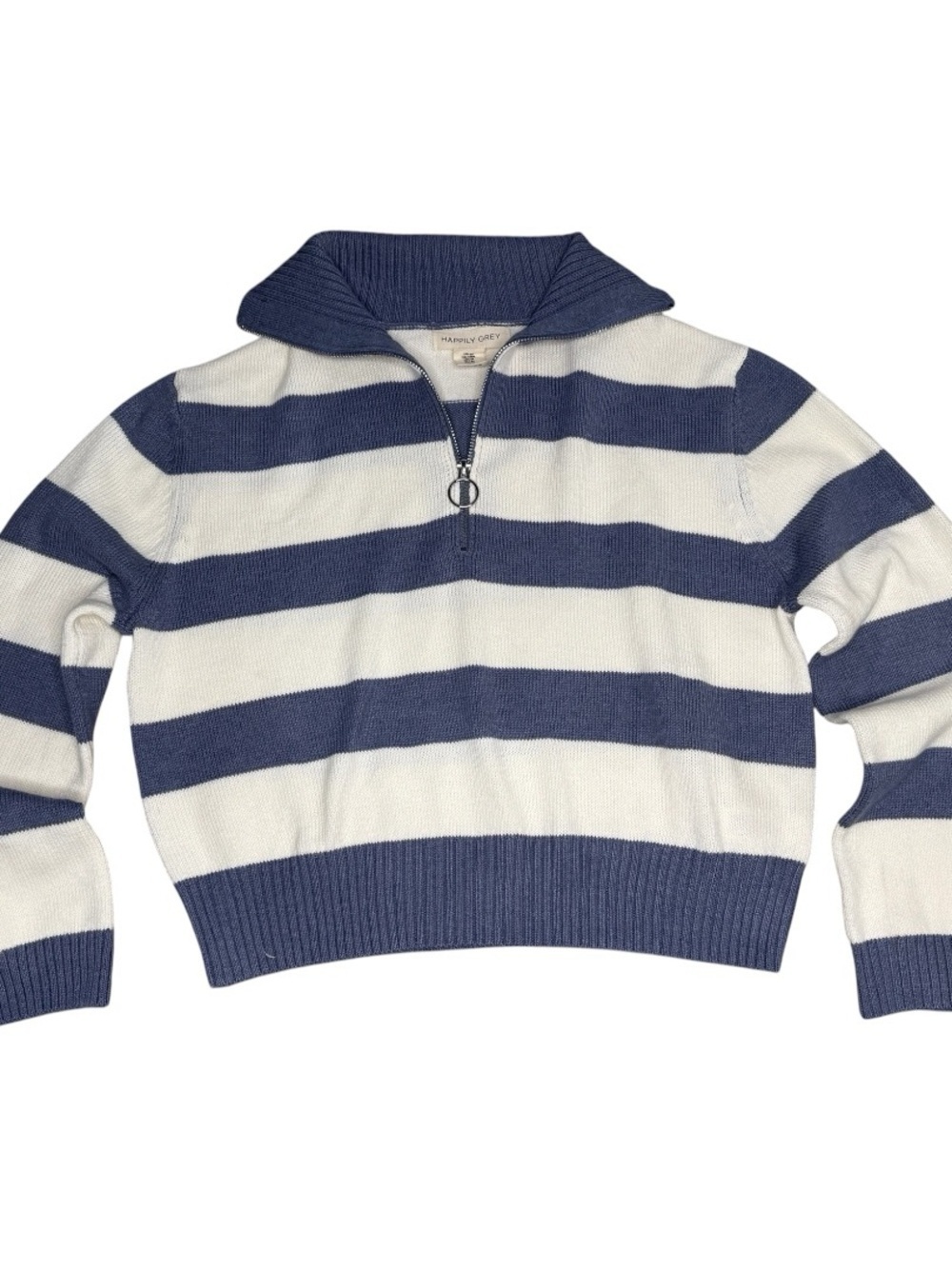 Happy Grey Striped Mock Neck Cotton Cropped Sweater Preppy Coquette